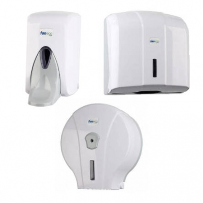 Zestaw: pojemnik na papier. podajnik ręczników i dozownik łokciowy mydła w 